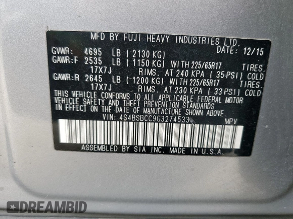 2016 Subaru Outback Premium with VIN 4S4BSBCC9G3274533, listed as a Copart auction lot 55119575 with 123,737 mi miles and Salvage title. Bid and sale history available at DreamBid. Image 14.