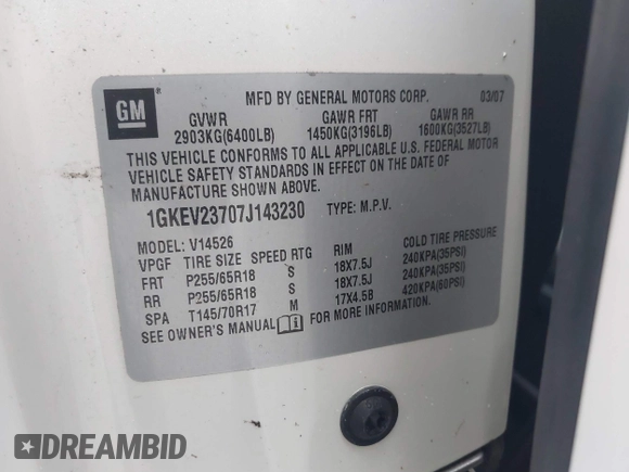 2007 GMC Acadia SLT with VIN 1GKEV23707J143230, listed as a IAAI auction lot 41582476 with 1 mi miles. Bid and sale history available at carsss.com. Image 9.
