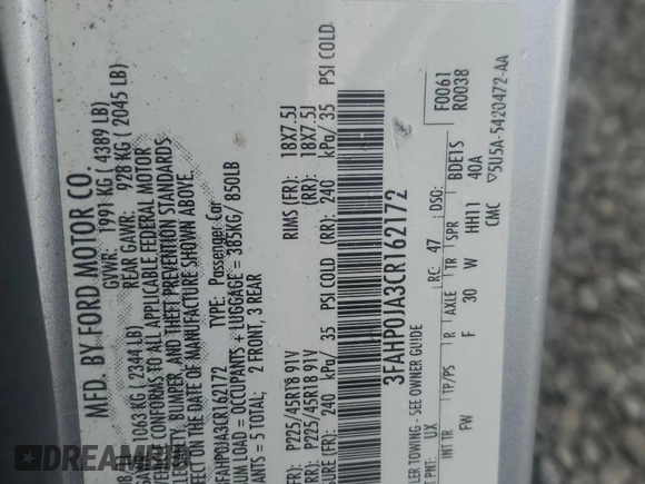 2012 Ford Fusion SEL with VIN 3FAHP0JA3CR162172, listed as a Copart auction lot 54533275 with 177,231 mi miles and Salvage title. Bid and sale history available at DreamBid. Image 12.