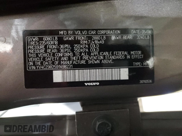 2009 Volvo XC90 I6 with VIN YV4CZ982591498231, listed as a Copart auction lot 89339505 with 194,810 mi miles and Salvage Title. Bid and sale history available at DreamBid. Image 14.