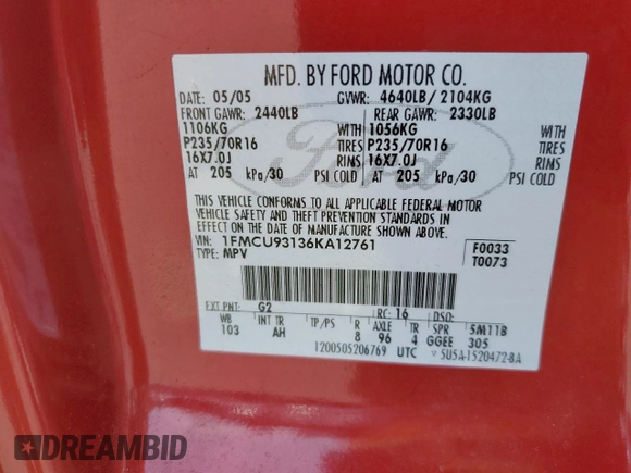2006 Ford Escape XLT z VIN 1FMCU93136KA12761, wystawiony jako Copart lot #65526955 z przebiegiem 142 075 mil mil oraz Szkoda całkowita • Salvage title. Historia ofert i sprzedaży dostępna na DreamBid. Obrazek 13.