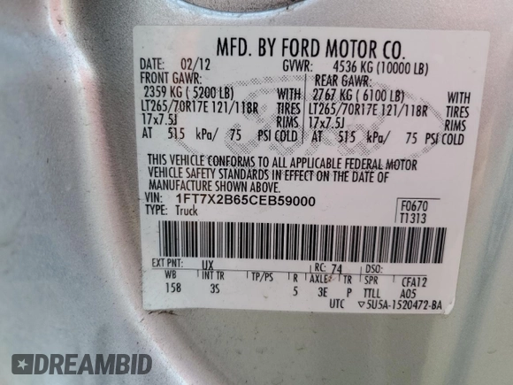2012 Ford F-250 XL with VIN 1FT7X2B65CEB59000, listed as a Copart auction lot 58310515 with 88,747 mi miles and Salvage title. Bid and sale history available at DreamBid. Image 12.