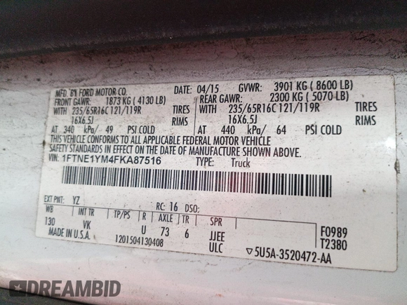 2015 Ford Transit Cargo with VIN 1FTNE1YM4FKA87516, listed as a IAAI auction lot 42901216 with 269,921 mi miles and . Bid and sale history available at DreamBid. Image 25.