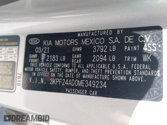 2021 Kia Forte LXS z VIN 3KPF24AD0ME349234, wystawiony jako IAAI lot #42238895 z przebiegiem 66 043 mil mil oraz . Historia ofert i sprzedaży dostępna na DreamBid. Obrazek 9.