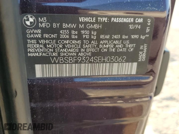 1995 BMW 3 Series M3 with VIN WBSBF9324SEH03062, listed as a Copart auction lot 87878685 with 251,070 mi miles and Salvage Title. Bid and sale history available at DreamBid. Image 12.