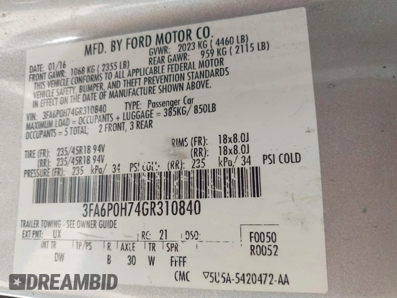 2016 Ford Fusion SE with VIN 3FA6P0H74GR310840, listed as a IAAI auction lot 42078052 with 125,216 mi miles and . Bid and sale history available at carsss.com. Image 9.
