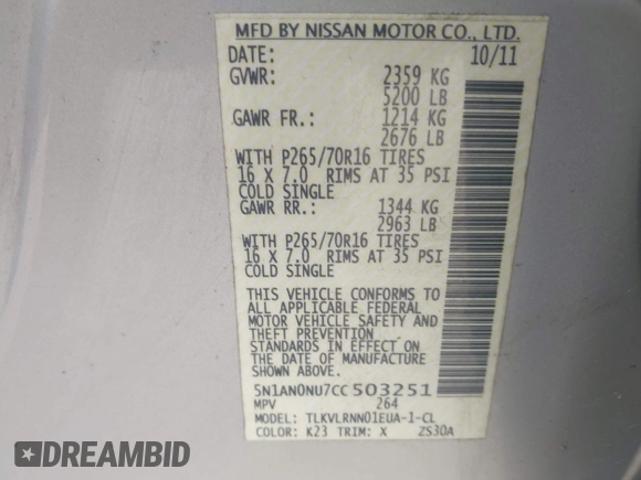 2012 Nissan Xterra X with VIN 5N1AN0NU7CC503251, listed as a IAAI auction lot 41596685 with 186,687 mi miles and . Bid and sale history available at DreamBid. Image 9.