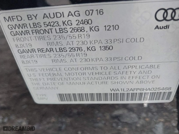 2017 Audi Q5 Premium Plus with VIN WA1L2AFP6HA025468, listed as a IAAI auction lot 41903315 with 112,357 mi miles. Bid and sale history available at carsss.com. Image 9.