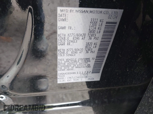 2024 Nissan Titan Pro-4X with VIN 1N6AA1ED4RN111232, listed as a IAAI auction lot 41277138 with 11,513 mi miles and . Bid and sale history available at DreamBid. Image 9.