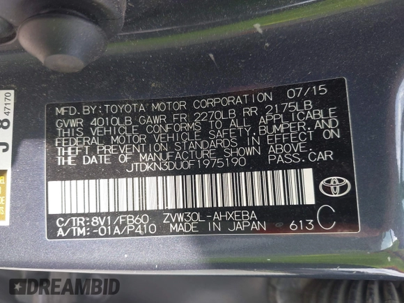 2015 Toyota Prius Four with VIN JTDKN3DU0F1975190, listed as a IAAI auction lot 41985459 with Not Provided miles. Bid and sale history available at carsss.com. Image 9.