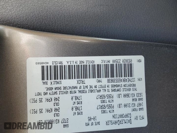 2006 Dodge Dakota SLT with VIN 1D7HE48K46S539838, listed as a Copart auction lot 68520644 with Not Provided miles and Non Repairable. Bid and sale history available at DreamBid. Image 13.