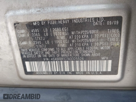 2010 Subaru Outback Premium All-Weather Anniversary with VIN 4S4BRBFC7A3325526, listed as a IAAI auction lot 42044926 with 256,506 mi miles and . Bid and sale history available at DreamBid. Image 9.