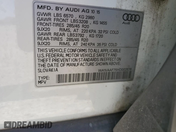 2017 Audi Q7 Prestige with VIN WA1VAAF75HD002676, listed as a Copart auction lot 49992565 with 143,814 mi miles and Salvage Title. Bid and sale history available at carsss.com. Image 13.