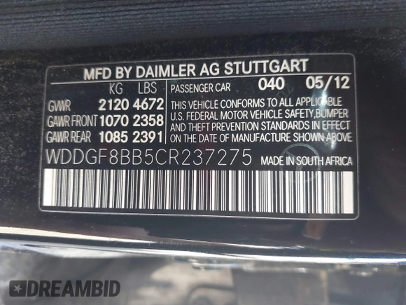2012 Mercedes-Benz C-Class C 300 Sport with VIN WDDGF8BB5CR237275, listed as a IAAI auction lot 42142360 with 121,531 mi miles. Bid and sale history available at carsss.com. Image 9.