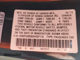 2013 Honda Civic Cpe LX with VIN 2HGFG3B56DH507116, listed as a IAAI auction lot 41479130 with 98,846 mi miles. Bid and sale history available at carsss.com. Image 9.