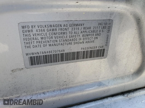 2011 Volkswagen CC Lux Plus with VIN WVWHN7AN4BE707549, listed as a Copart auction lot 51085285 with 162,944 mi miles and Salvage Title. Bid and sale history available at carsss.com. Image 12.