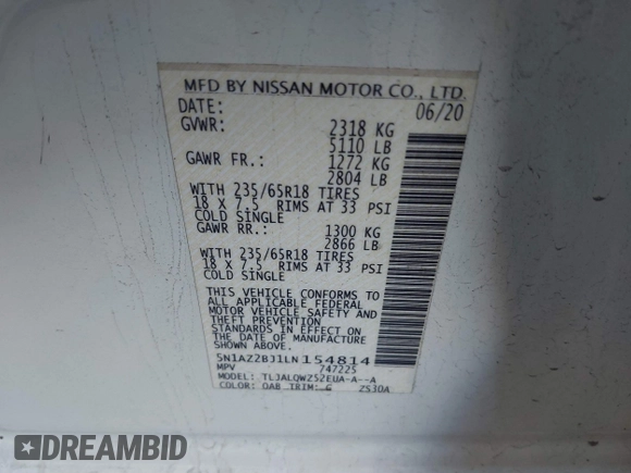 2020 Nissan Murano SV z VIN 5N1AZ2BJ1LN154814, wystawiony jako IAAI lot #41268431 z przebiegiem 102 793 mil mil oraz . Historia ofert i sprzedaży dostępna na DreamBid. Obrazek 9.