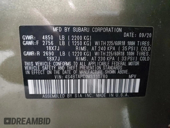 2021 Subaru Outback Touring with VIN 4S4BTAPC0M3110780, listed as a Copart auction lot 61643495 with 58,935 mi miles and Salvage title. Bid and sale history available at DreamBid. Image 14.