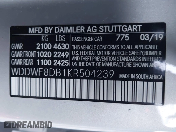 2019 Mercedes-Benz C 300 with VIN WDDWF8DB1KR504239, listed as a IAAI auction lot 41328372 with 22,924 mi miles and . Bid and sale history available at DreamBid. Image 9.