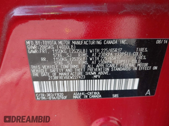 2014 Toyota RAV4 LE with VIN 2T3BFREV6EW227423, listed as a IAAI auction lot 42060083 with 87,215 mi miles and . Bid and sale history available at DreamBid. Image 9.