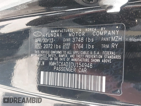 2013 Hyundai Veloster w/Gray Int with VIN KMHTC6AD1DU154946, listed as a IAAI auction lot 42375871 with 108,095 mi miles and . Bid and sale history available at DreamBid. Image 9.