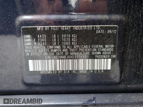 2013 Subaru Legacy Limited z VIN 4S3BMBJ6XD3014391, wystawiony jako Copart lot #49603425 z przebiegiem Nie podano mil oraz Nie do naprawy • Non repairable. Historia ofert i sprzedaży dostępna na DreamBid. Obrazek 15.