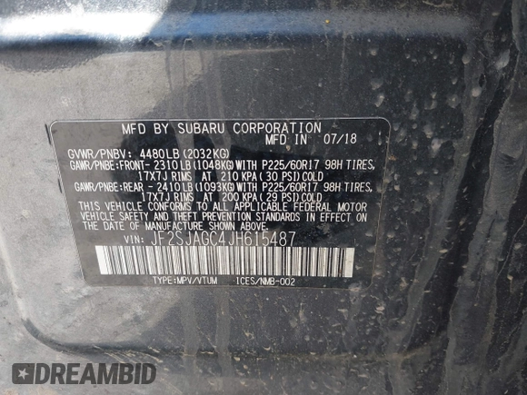 2018 Subaru Forester Premium with VIN JF2SJAGC4JH615487, listed as a IAAI auction lot 41854410 with 320,094 mi miles. Bid and sale history available at carsss.com. Image 9.