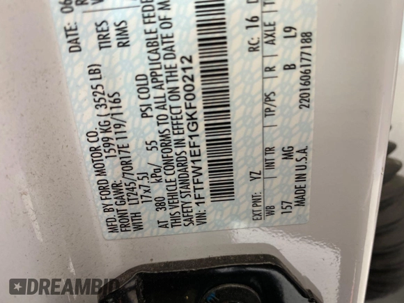 2016 Ford F-150 XLT with VIN 1FTFW1EF1GKF00212, listed as a IAAI auction lot 42659796 with 201,827 mi miles and . Bid and sale history available at DreamBid. Image 26.
