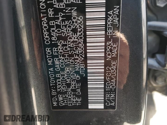 2008 Toyota Yaris with VIN JTDBT923584033236, listed as a Copart auction lot 47683725 with Not Provided miles and Salvage Title. Bid and sale history available at DreamBid. Image 12.