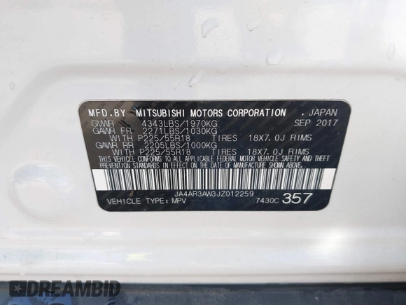 2018 Mitsubishi Outlander Sport SE 2.4 with VIN JA4AR3AW3JZ012259, listed as a IAAI auction lot 41667577 with 66,995 mi miles. Bid and sale history available at carsss.com. Image 9.