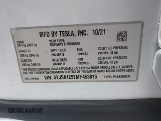 2021 Tesla Model S Long Range with VIN 5YJSA1E57MF453815, listed as a IAAI auction lot 41818700 with 51,176 mi miles and . Bid and sale history available at DreamBid. Image 9.