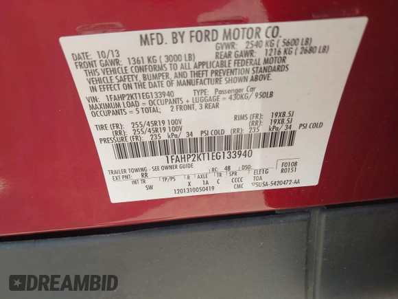 2014 Ford Taurus SHO with VIN 1FAHP2KT1EG133940, listed as a IAAI auction lot 42805214 with 141,204 mi miles and . Bid and sale history available at DreamBid. Image 9.