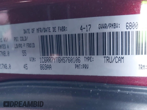 2017 Ram 1500 Rebel with VIN 1C6RR7YT6HS760106, listed as a IAAI auction lot 41671874 with 102,101 mi miles and . Bid and sale history available at DreamBid. Image 9.