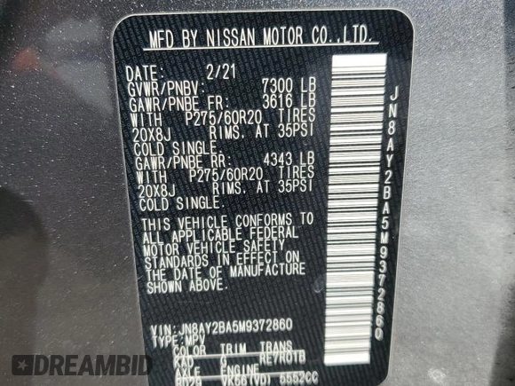 2021 Nissan Armada SL with VIN JN8AY2BA5M9372860, listed as a Copart auction lot 87930925 with 78,778 mi miles and Salvage Title. Bid and sale history available at carsss.com. Image 15.