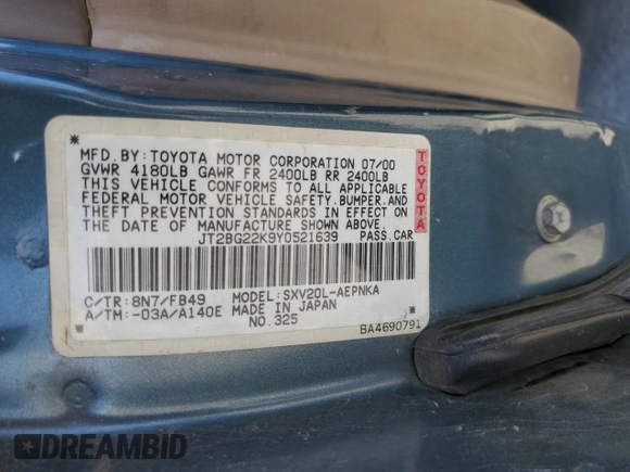 2000 Toyota Camry CE with VIN JT2BG22K9Y0521639, listed as a Copart auction lot 55075485 with 248,460 mi miles and Salvage Title. Bid and sale history available at carsss.com. Image 12.
