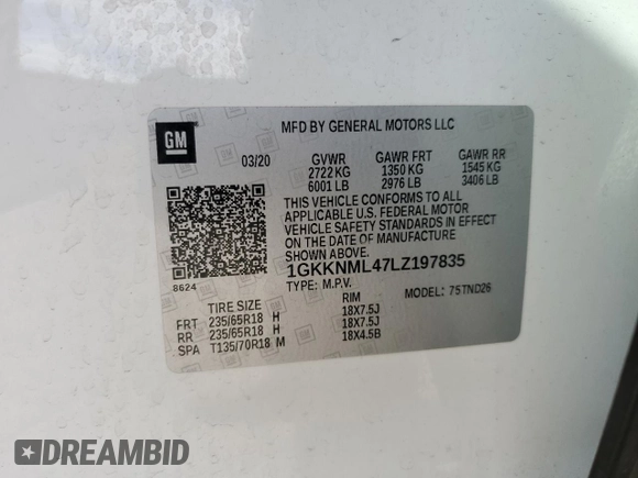 2020 GMC Acadia SLT with VIN 1GKKNML47LZ197835, listed as a Copart auction lot 75734594 with Not provided miles and Salvage title. Bid and sale history available at DreamBid. Image 13.