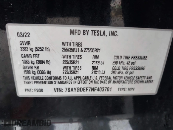 2022 Tesla Model Y Performance with VIN 7SAYGDEF7NF403701, listed as a IAAI auction lot 41961532 with 83,728 mi miles and . Bid and sale history available at DreamBid. Image 9.
