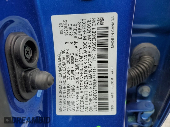 2020 Honda Civic LX with VIN 2HGFC2F69LH575112, listed as a Copart auction lot 55664005 with 33,495 mi miles and Non Repairable. Bid and sale history available at DreamBid. Image 12.