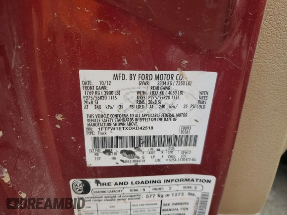 2013 Ford F-150 XL with VIN 1FTFW1ETXDKD42518, listed as a Copart auction lot 42026785 with Not provided miles and Salvage title. Bid and sale history available at DreamBid. Image 14.