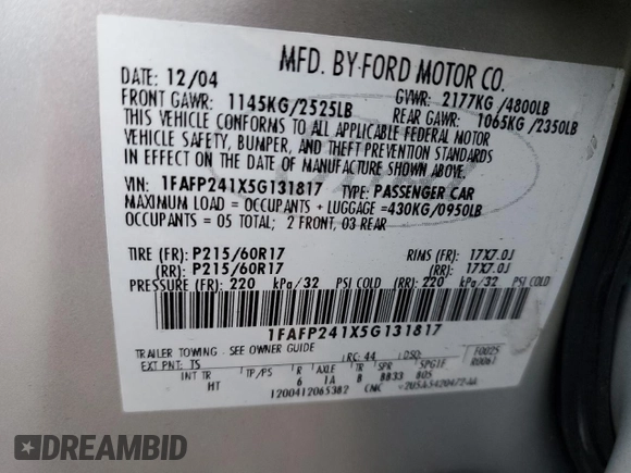 2005 Ford Five Hundred SEL with VIN 1FAFP241X5G131817, listed as a Copart auction lot 82194734 with 85,122 mi miles and Salvage Title. Bid and sale history available at carsss.com. Image 14.