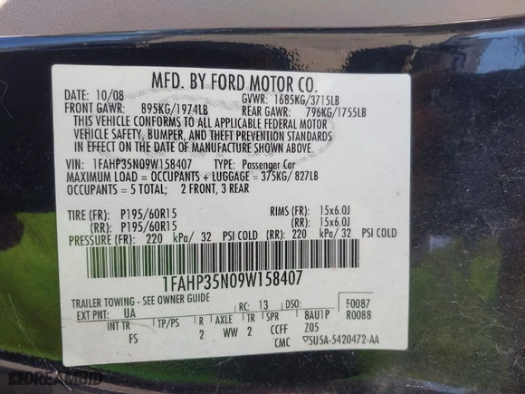 2009 Ford Focus SE with VIN 1FAHP35N09W158407, listed as a IAAI auction lot 41867919 with 174,901 mi miles. Bid and sale history available at carsss.com. Image 9.