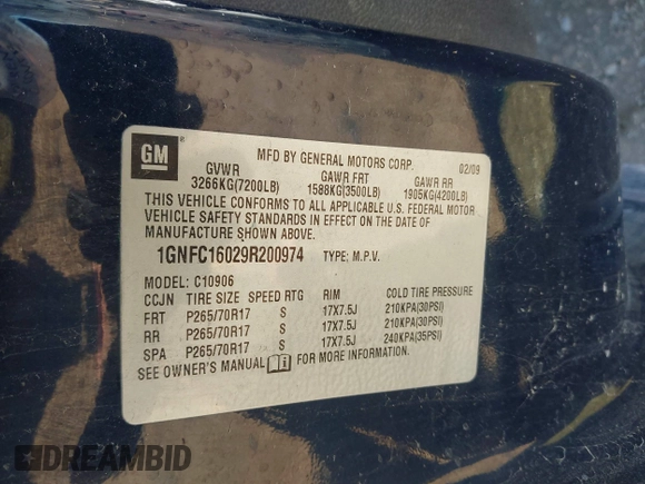 2009 Chevrolet Suburban LS z VIN 1GNFC16029R200974, wystawiony jako IAAI lot #41370873 z przebiegiem 207 649 mil mil oraz . Historia ofert i sprzedaży dostępna na DreamBid. Obrazek 9.