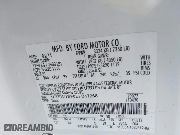 2014 Ford F-150 XL with VIN 1FTFW1EF0EFB17268, listed as a IAAI auction lot 41758327 with 169,607 mi miles. Bid and sale history available at carsss.com. Image 9.