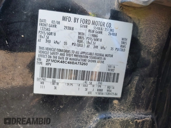 2008 Ford Edge SEL z VIN 2FMDK48C48BA75260, wystawiony jako IAAI lot #42006019 z przebiegiem 246 165 mil mil oraz . Historia ofert i sprzedaży dostępna na DreamBid. Obrazek 9.