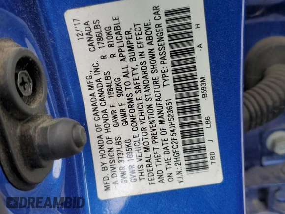 2018 Honda Civic LX with VIN 2HGFC2F54JH523651, listed as a Copart auction lot 51347155 with 61,839 mi miles and Salvage Title. Bid and sale history available at DreamBid. Image 14.