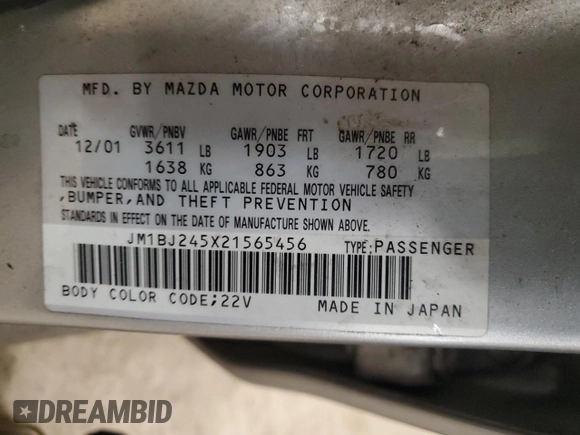 2002 Mazda Protege z VIN JM1BJ245X21565456, wystawiony jako Copart lot #43756385 z przebiegiem 195 892 mil mil oraz Szkoda całkowita • Salvage title. Historia ofert i sprzedaży dostępna na DreamBid. Obrazek 12.