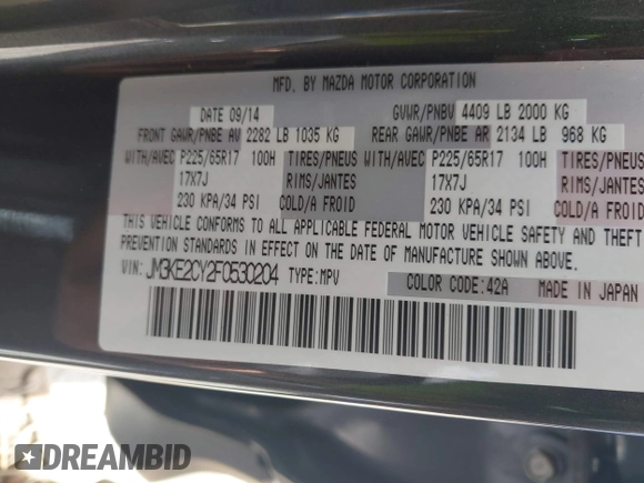 2015 Mazda CX-5 Touring with VIN JM3KE2CY2F0530204, listed as a IAAI auction lot 41788921 with 50,827 mi miles. Bid and sale history available at carsss.com. Image 9.
