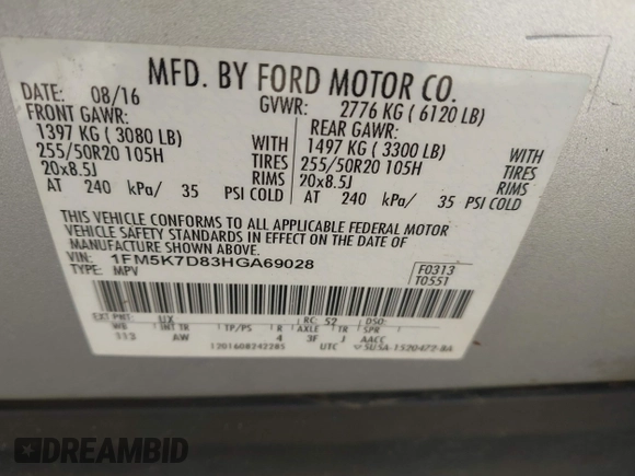 2017 Ford Explorer XLT with VIN 1FM5K7D83HGA69028, listed as a IAAI auction lot 41977896 with 169,283 mi miles and . Bid and sale history available at carsss.com. Image 9.