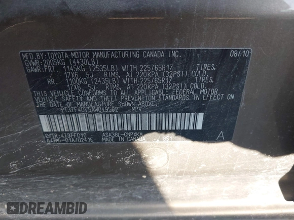2010 Toyota RAV4 с VIN 2T3ZF4DV5AW049582, выставлен на аукционе IAAI как лот 42730396 с пробегом 261 895 миль миль и . История ставок и продаж доступна на DreamBid. Изображение 9.
