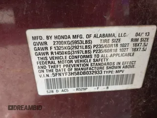 2013 Honda Pilot EX-L with VIN 5FNYF3H58DB032933, listed as a IAAI auction lot 42213061 with 166,496 mi miles and . Bid and sale history available at DreamBid. Image 9.